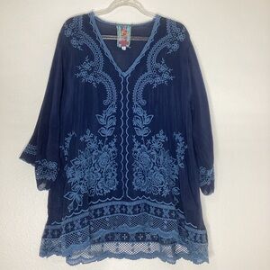 Johnny Was Navy Embroidered Top Peasant Boho Hippy Sm